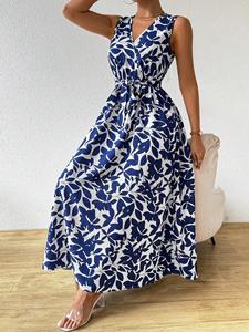OEM & ODM Femmes Bohème Style Vintage Taille Naturelle Tissé Imprimé Floral Sans Manches Col En V Longue Jupe Robe Décontractée avec Ceintures - Product Image 5