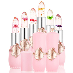 KH08A lápiz labial de gelatina transparente de cristal con flor Temperatura hidratante que cambia de color lápiz labial de gelatina de flor con caja