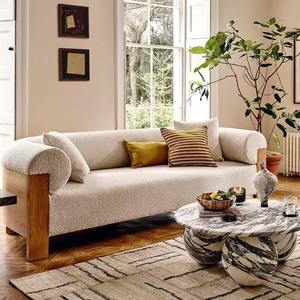 Sofá de Madera Maciza Color Crema, Estilo Japonés, Lana de Cordero, Diseño Minimalista, Tres Plazas, Sofá de Hotel, Duradero - Product Image 1