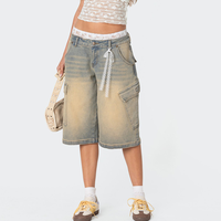 Short asymétrique en denim lavé personnalisé Supper Baggy Lace Patchwork Sxey Jorts Wide Leg Monkey Y2K Jeans pour femmes