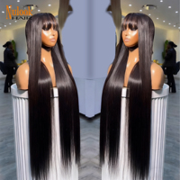 Perruque brésilienne lisse haute densité, super double drawn, sans colle, avec frange en dentelle marron clair, longue, en cheveux humains