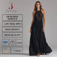 Robe longue élégante noire Joydressing à col halter, sexy, avec patchwork de dentelle, fluide, style bohème, pour fêtes à la plage, vente en gros, fournisseur personnalisé