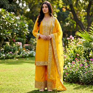 Yellow Embroidered Cotton <b>Kurta</b> Set With Dupatta Floor-Length Traditional Ethnic Wear For <b>Women</b> Spring Casual Style - Product Image 1