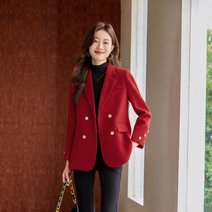Women's Woolen Blazer Red Double Breasted Solid Color Casual Office Wear - Product Image 1
