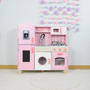 Grande cuisine de jeu en bois pour enfants avec réfrigérateur vintage, micro-ondes, cuisinière et évier, ensemble de cuisine d'imitation haut de gamme - Pastel - Product Image 1