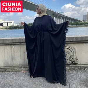 6317# Fashion Hot Sell Feathers Muslim Abaya Batwing Sleeve Maxi Dress Plus Size Cardigan Kimono Long Robe Dubai Middle East