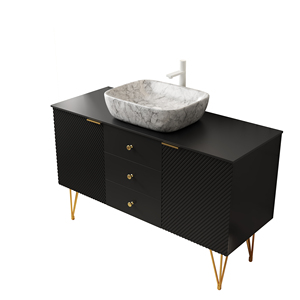 Meuble de salle de bain autoportant GEMA 48 en contreplaqué noir avec 3 tiroirs, 2 portes et dessus en pierre frittée noire - Product Image 5