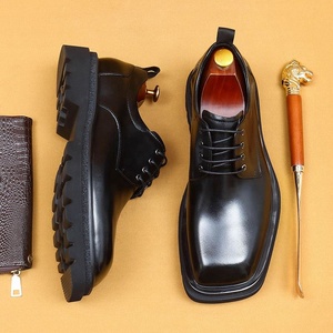 Chaussures habillées pour hommes en cuir véritable, bout carré, semelle épaisse, style Oxford, rehaussantes, pour le bureau et la carrière, toutes saisons, à lacets, semelle extérieure en caoutchouc - Product Image 4