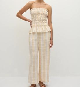 Conjunto de dos piezas de lino y algodón para mujer, estilo informal, Primavera Verano, patrón sólido, pantalones de pierna ancha, <span class=keywords><strong>Top</strong></span> <span class=keywords><strong>fruncido</strong></span> sin tirantes - Product Image 2