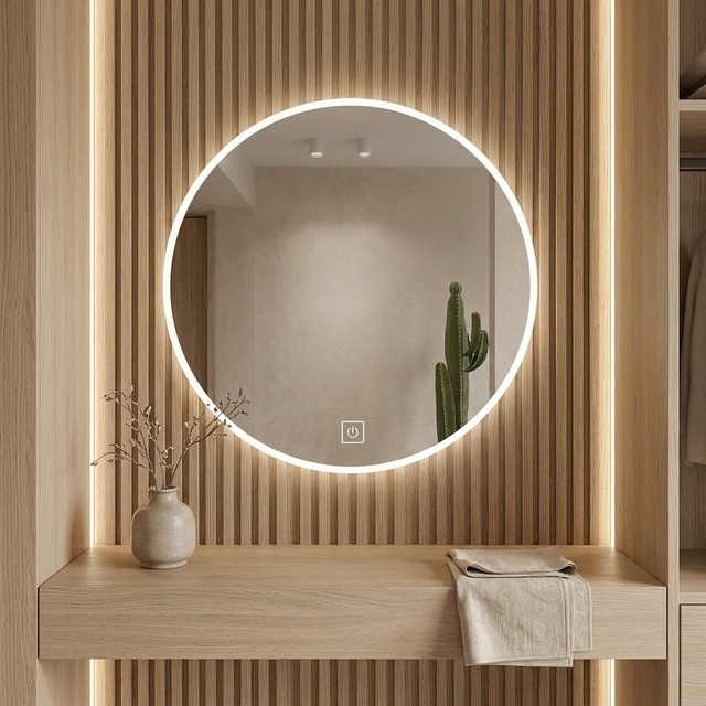 Smart LED Round Mirror with Time Temperature Display 3 Color Dimmable Backlit Circular Bathroom Mirror with Anti-fog
