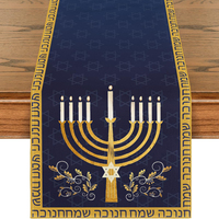 Chemin de table festif bleu et or pour Hanouka, avec Menorah, Étoile de David et Dreidel, en lin, pour la table de repas des fêtes juives et la décoration intérieure