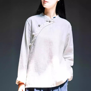 Traditional Chinese Women's Cotton Linen Stand Collar Long Sleeve Loose T-Shirt Spring Autumn Tea Dress Pullover Bean Green - Product Image 2