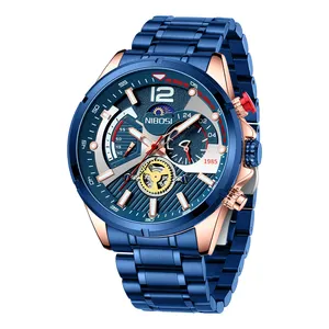 NIBOSI 2591男士石英表蓝色Reloj新款时尚奢侈品牌不锈钢表带男士腕表
