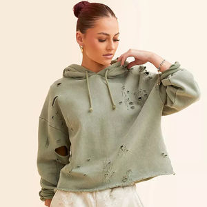 Nuevo logotipo personalizado vintage desgastado lavado con ácido camisa casual con capucha para las mujeres - Product Image 1