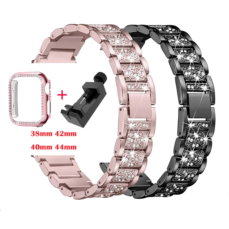 Luxe Diamanten Horlogebanden Voor Iwatch Serie 7 6 Se Ultra 49Mm 45Mm 41Mm 40Mm 38Mm Armband Roestvrij Staal Apple Watch Band
