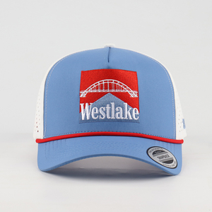 Casquette <span class=keywords><strong>de</strong></span> golf <span class=keywords><strong>de</strong></span> performance à visière incurvée, personnalisée, découpée au laser, perforée, imperméable, à 5 panneaux, avec broderie, style trucker, avec filet et cordon - Product Image 2