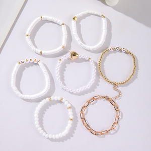 Conjunto de pulseras para el día de la madre, 7 piezas, colgante de corazón con letras de arcilla polimérica, joyería apilable, regalo para mujer, tono oro blanco - Product Image 2