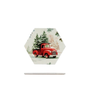 Salvamanteles de Cerámica con Diseño de Camioneta Roja y Árbol de Navidad, Forma Hexagonal para Uso en la Cocina - Product Image 1