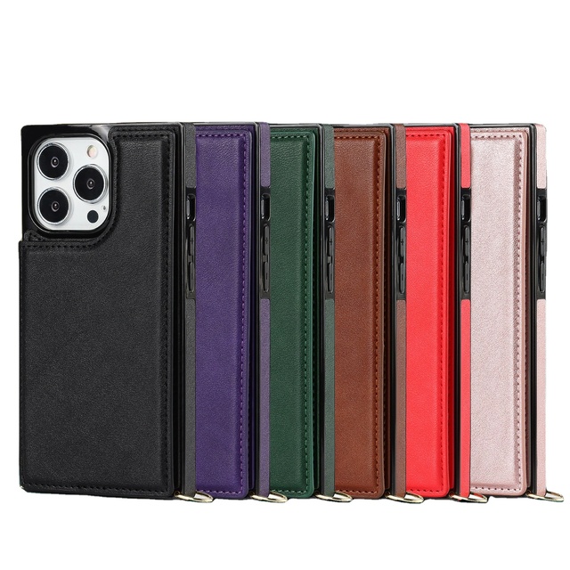 Square Cross-body Double-button Leather Cover for iPhone 17 16 Card Holder Elegant Fashionable Mobile Phone case