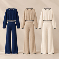 Ensemble pull court en maille côtelée pour femme et pantalon large avec bordure contrastante – Vente en gros OEM/ODM