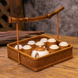 Handmade Bamboo Woven Rectangle Tea And Snack Tray With Handle Modern Chinese Style Storage Box Fruit Bowl Dessert Bowl - Product Image 4