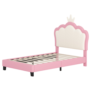 Cama Princesa Moderna Ajustable de Tamaño Individual, Tapizada, con Cabecera Acolchada en Forma de Corona, Base de Plataforma, Cabecera y Pie de Cama en Color Crema y Rosa - Product Image 5