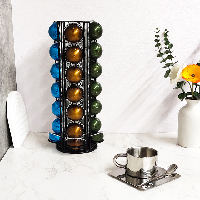 2024 RTS Custom Logo 28-35 Pods Rotating Nespresso Vertuo Coffee Capsule Pod Holder Rack