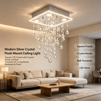 Lustre moderne en cristal en forme de goutte de pluie, plaque de plafond en acier inoxydable argenté, luminaire suspendu en cristal cascade pour salon