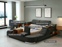 Cadre de lit king queen avec rangement, lit double simple en bois moderne, ensemble taille twin 180x200 pour lit en cuir véritable intelligent de luxe