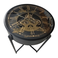 Table d'appoint décorative ronde avec horloge, cadre en métal noir, chiffres romains, pour salon et couloir