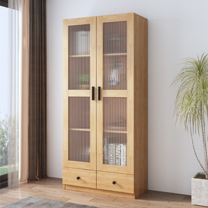 Hang Qian Solid Wood Bookcase AT12 Floor Standing Glass Door Storage Cabinet With <b>Drawers</b> Nordic Style Bookshelf Display Cabinet - Product Image 1