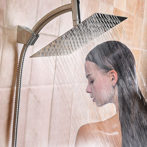 QY Stainless Steel Square <b>Shower</b> <b>Head</b> 20cm Rain Spray Wall Mount <b>Shower</b> Set 1.5M Hose for Home Bathroom - Product Image 4