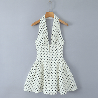 Robe Courte Femme Printemps-Automne à Col V et Taille Haute, Sans Manches, Dos Nu, Imprimé Pois de Haute Qualité