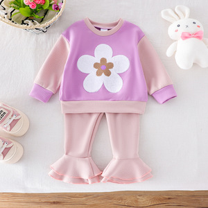 Conjunto de dos piezas para niñas, sudadera de manga larga con retazos de color albaricoque y pantalones, ropa para niñas de 0 a 3 años - Product Image 1