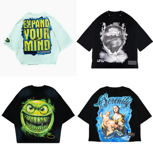 T-shirt de haute qualité de marque 100% coton lourd Hip Hop Vintage Tee T-shirts Lavage à l'acide Imprimé graphique Monstre Enfer T-shirt pour hommes - Product Image 1