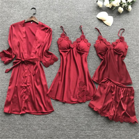 Ensembles de quatre pièces en dentelle et satin, tenues de détente, robes de mariée florales d'été, chemises de nuit en soie pour femmes