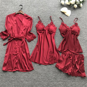 Ensembles de quatre pièces en dentelle et satin, tenues de détente, robes de mariée florales d'été, chemises de nuit en soie pour femmes - Product Image 4