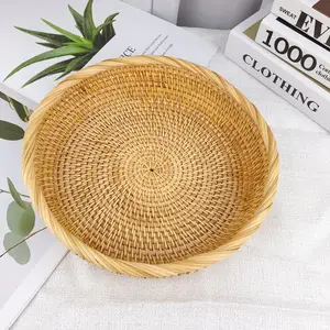 Round Rattan Fruit Basket Wicker Food Tray Weaving Storage Holder Dinning Room Rattan Bowl