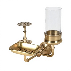 Ensemble de salle de bain mural en laiton finition or, porte-savon et porte-gobelet, accessoires de lavabo vintage modernes - Product Image 1