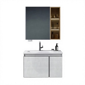 Meuble de salle de bain en contreplaqué avec miroir en verre, vasque en céramique murale - Product Image 1