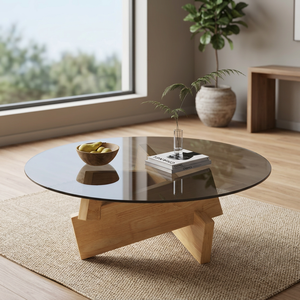 Table basse ronde moderne avec plateau en verre trempé et base en bois, design minimaliste, meubles de salon - Product Image 1