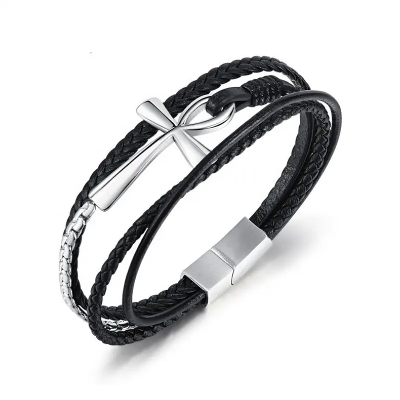 Pulsera de cuero retro para hombre, joyería de acero inoxidable, antiguo ojo egipcio Ankh, Cruz, pulsera de cuero de cuerda trenzada multicapa para hombre