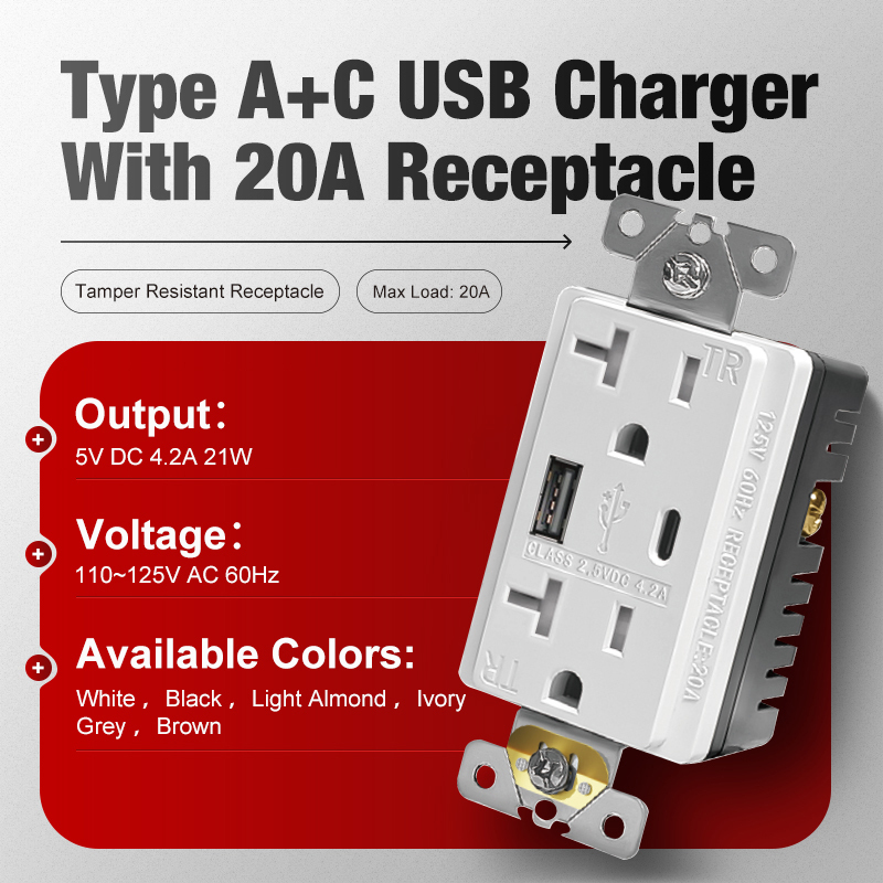 20A American Best High Speed Fast Charge 21W Power Receptacle Type c Usb In Wall Charger Outlet With USB · image 2