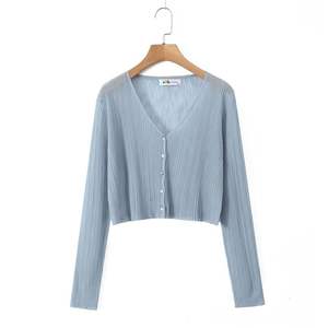 Runqi Women's Thin Knit Cardigan Crop <b>Top</b> With Buttons Sheer Layer <b>Long</b> <b>Sleeve</b> V Neck Light Blue Plus Size - Product Image 1
