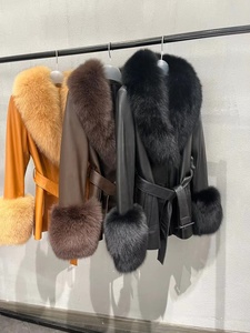 Hot <strong>Sale</strong> Short Large Turn-Down Fox Fur Collar Single Breasted Belt Ladies Custom Genuine <strong>Sheepskin</strong> Leather <strong>Coat</strong> Women - Product Image 3
