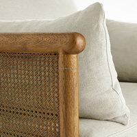 Fauteuil Prestigieux en Rotin Naturel et Chêne, avec Dossier en Rotin et Assise Tapissée, Canapé Monoplace, Chaise d'Appoint, Fauteuil de Lecture Nordique