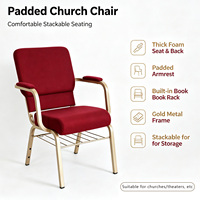 Chaise d'église empilable avec accoudoirs et porte-livre, structure en métal doré, chaise de prière rembourrée pour auditorium