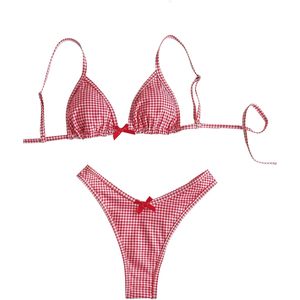 FOXA Women's 2 Piece Gingham <b>Bikini</b> <b>Set</b> Plaid Bow <b>Triangle</b> Swimwear Checkered Bathing Suit Coquette Style - Product Image 1