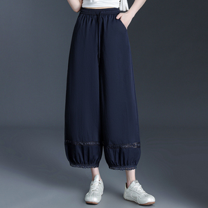 <span class=keywords><strong>Pantaloni</strong></span> da <span class=keywords><strong>Donna</strong></span> a Vita Alta con Elastico, Stile Lanterna, con Pizzo Traforato e <span class=keywords><strong>Lino</strong></span> ad Asciugatura Rapida, Logo Personalizzato Ricamato - Product Image 2