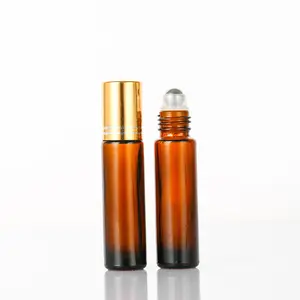 Hot Sell 10ml Attar With Steel Glass Ball Amber Glass Roll On Roller Essential Oil Perfume Bottles